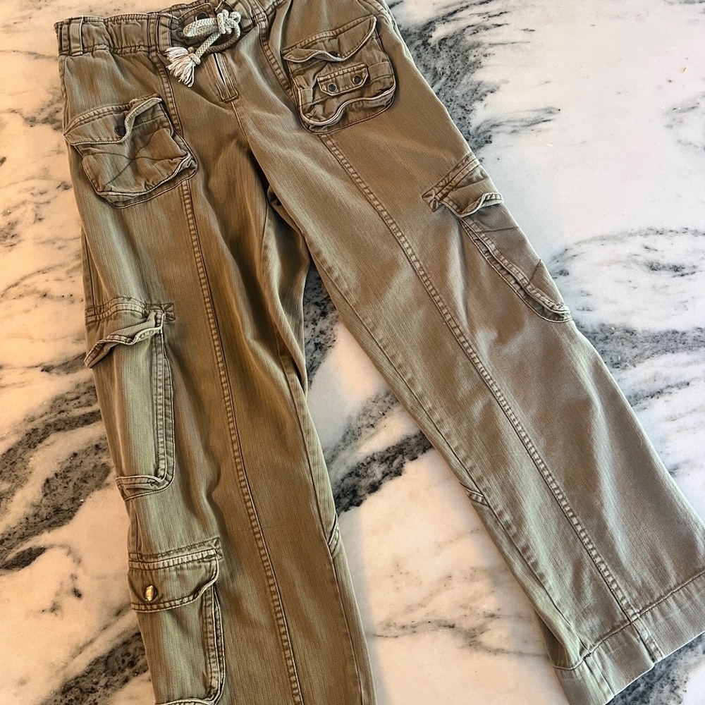 Women’s Free People Khaki Cargo Pants S Utility Drawstring Waist Relaxed Fit